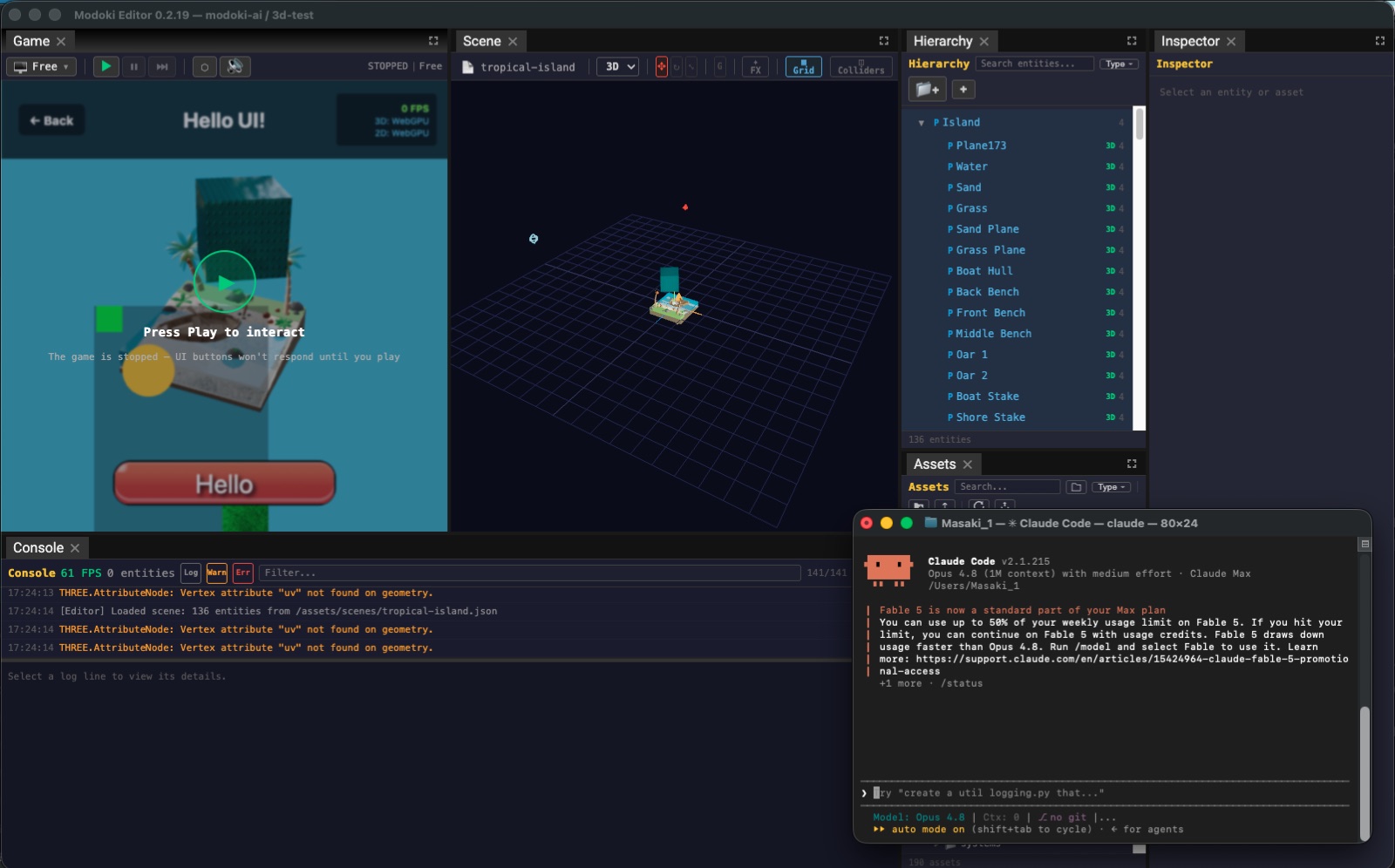 Modoki エディタの横のターミナルで Claude Code が動作し、tropical-island プロジェクトを構築している様子。